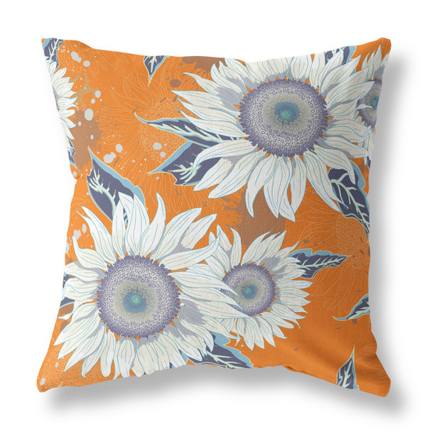 16" Orange White Sunflower Indoor Outdoor Zippered Throw Pillow
