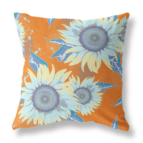 26" Orange Blue Sunflower Indoor Outdoor Zippered Throw Pillow