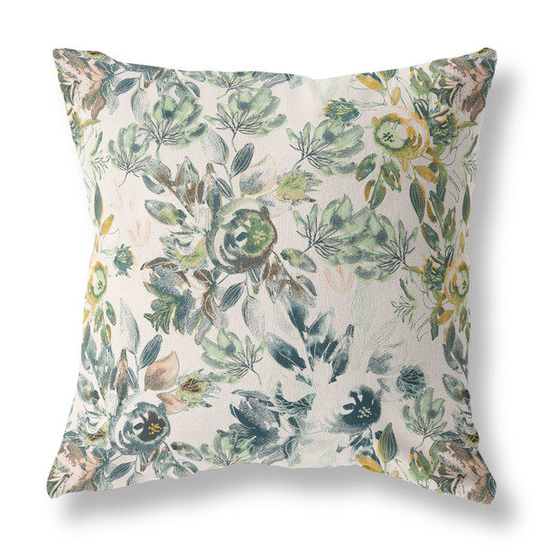 16 White Green Florals Indoor Outdoor Zippered Throw Pillow