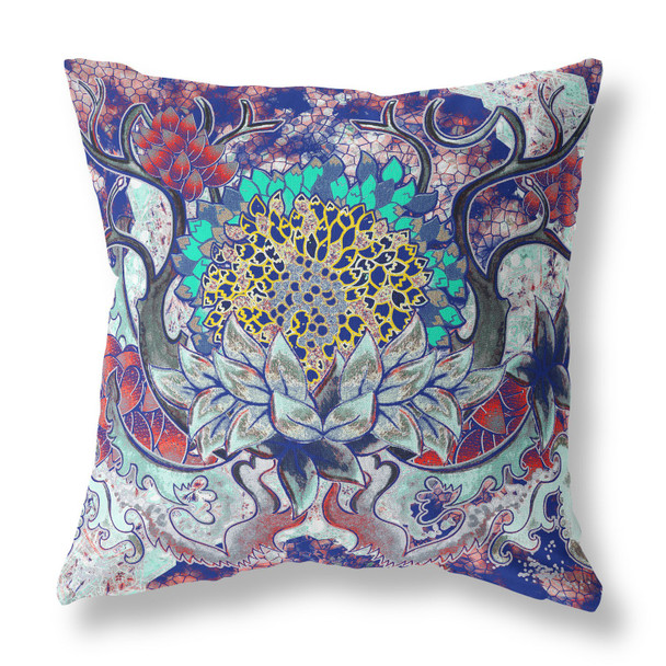 18 Blue Cyan Flower Bloom Suede Throw Pillow