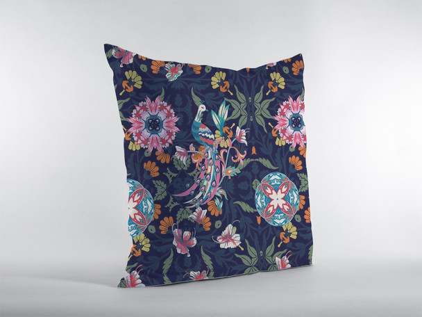 28" Navy Pink Peacock Indoor Outdoor Throw Pillow