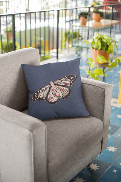 26" Denim Blue Butterfly Indoor Outdoor Throw Pillow