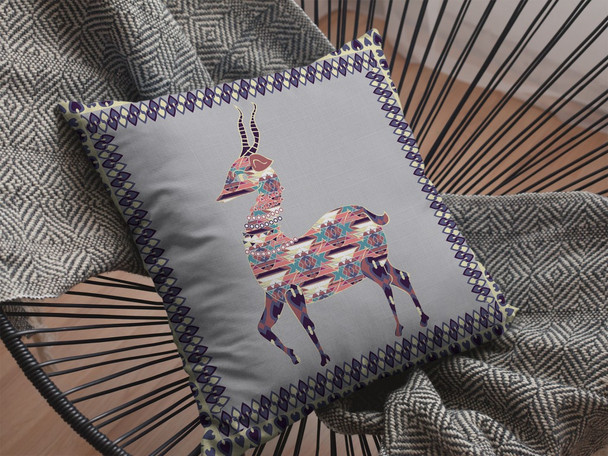 18" Purple Cream Boho Deer Indoor Outdoor Throw Pillow
