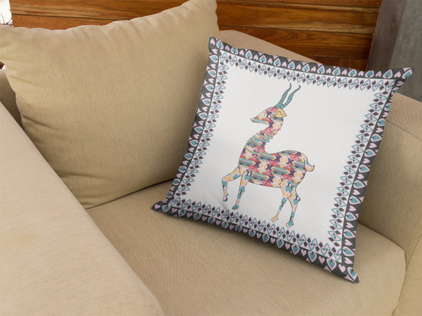 18" Blue White Boho Deer Indoor Outdoor Throw Pillow