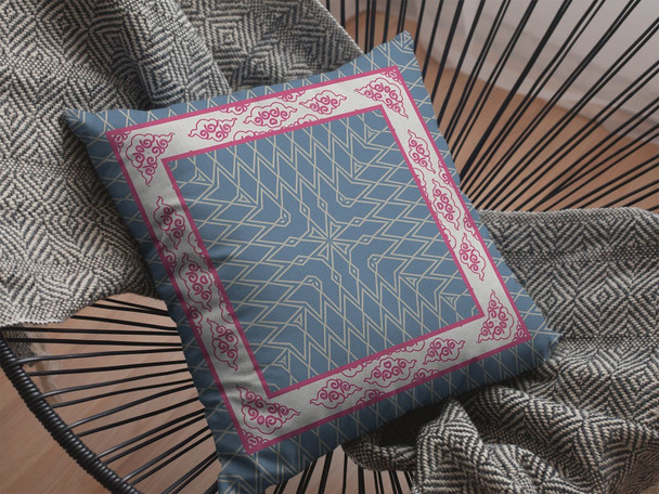 28" Pink Blue Nest Ornate Frame Indoor Outdoor Throw Pillow