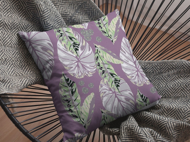 16 White Purple Tropical Leaf Indoor Outdoor Throw Pillow