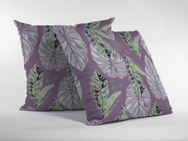 18 White Purple Tropical Leaf Indoor Outdoor Throw Pillow