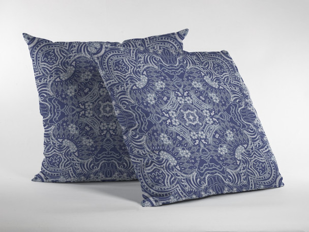 20 Indigo White Boho Ornate Indoor Outdoor Zippered Throw Pillow