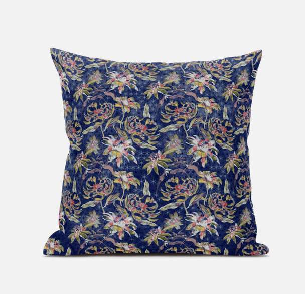 18" Blue Yellow Roses Zippered Suede Throw Pillow