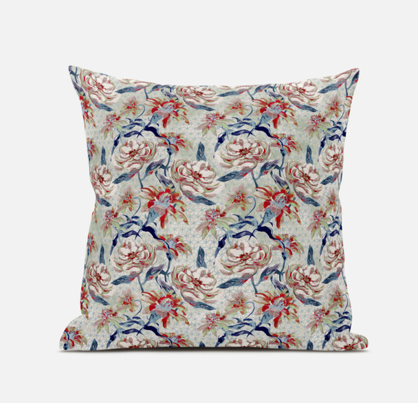 16" Red Indigo Roses Zippered Suede Throw Pillow