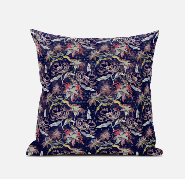 16" Midnight Blue Roses Zippered Suede Throw Pillow
