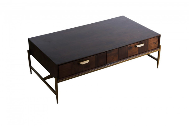 Modern Dark Mango Acacia and Brass Coffee Table