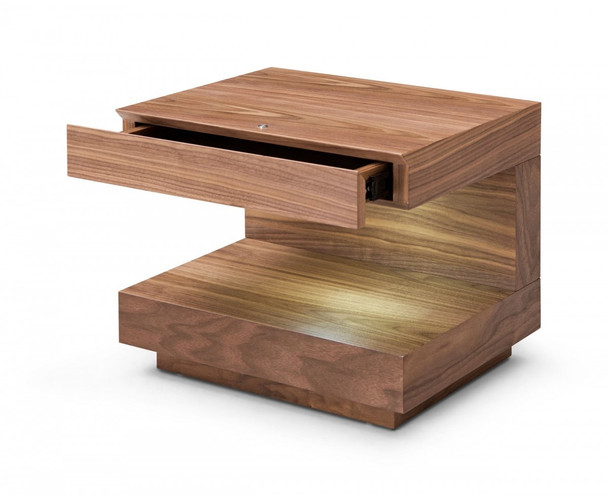 Contemporary LED Lit Walnut Nightstand with One Drawer