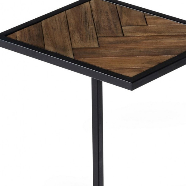 Modern Rustic Brown and Black Chevron Wood and Metal Snack Table