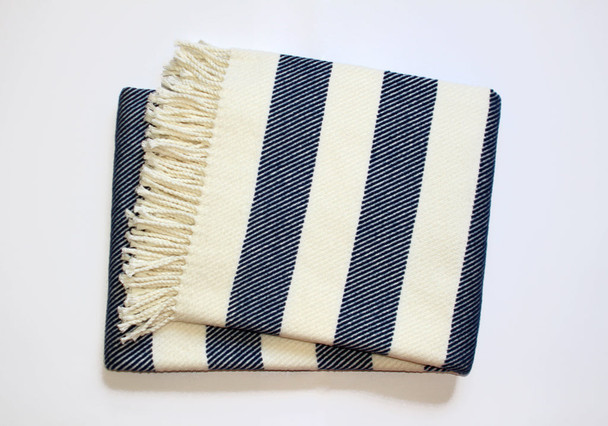 Cream and Navy Blue Slanted Stripe Fringed Throw Blanket