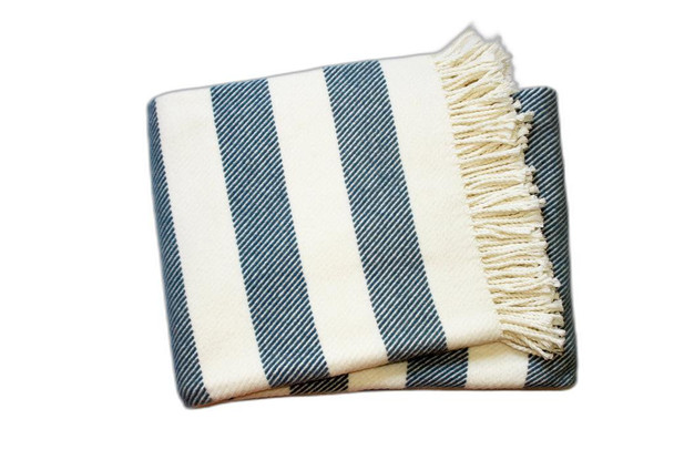 Cream and Slate Slanted Stripe Fringed Throw Blanket