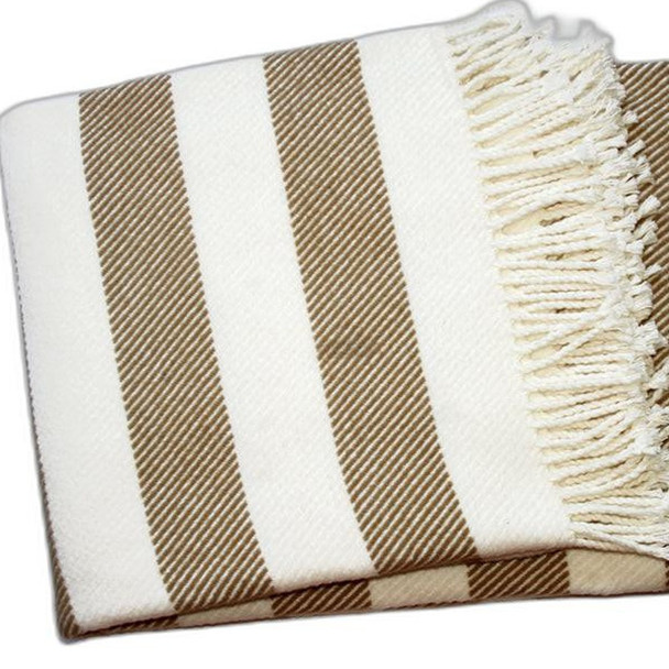 Cream and Stone Slanted Stripe Fringed Throw Blanket