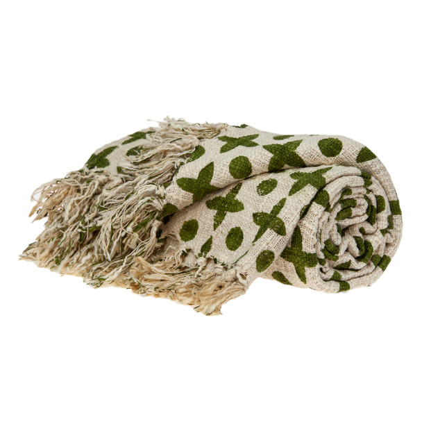 Olive Green and Beige Cotton Woven Handloom Throw