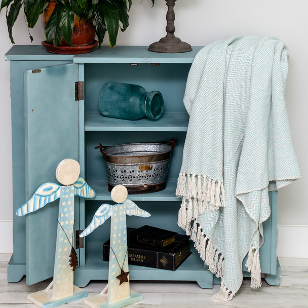 Handloomed Pale Aqua Cotton Throw Blanket with Tassels