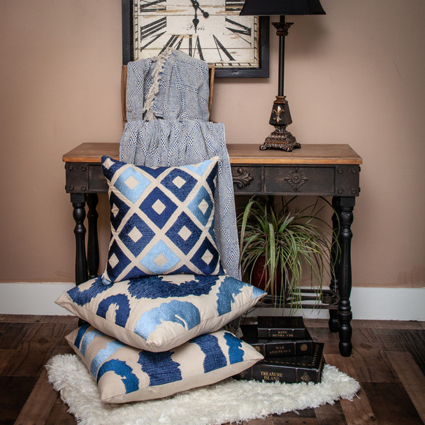 Blue and Beige Woven Handloom Throw with Tassels