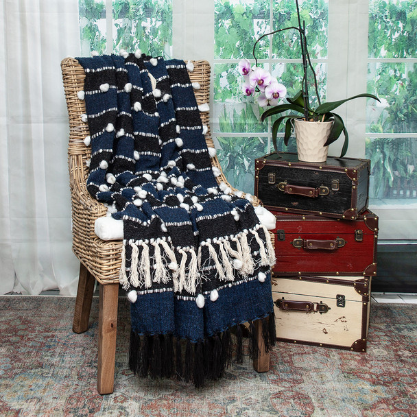 Navy Blue Boho Woven Handloom Throw with Pom Pom