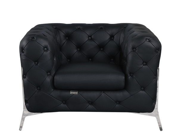 Glam Black and Chrome Tufted Leather Armchair