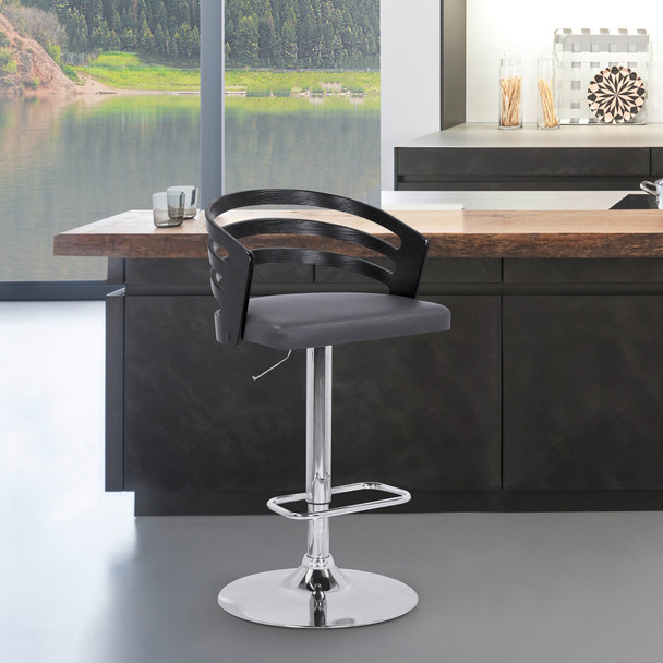 Gray Faux Leather Black Wood and Chrome Adjustable Swivel Bar Stool