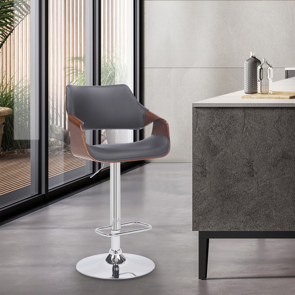 Grey Faux Leather and Walnut Wood and Chrome Swivel Adjustable Bar Stool