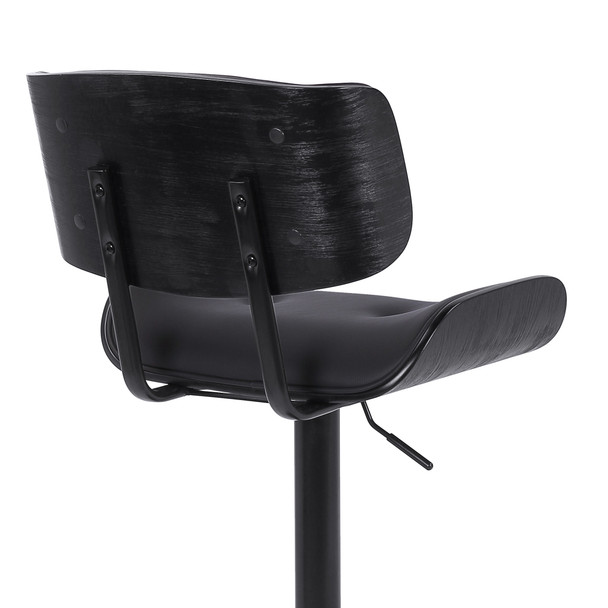 Adjustable Black Tufted Faux Leather and Black Wood Swivel Barstool.