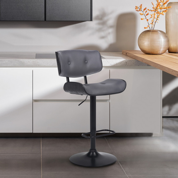 Adjustable Gray Tufted Faux Leather and Black Wood Swivel Barstool.