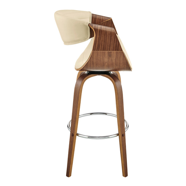 30" Cream Faux Leather and Walnut Wood Retro Chic Bar Stool