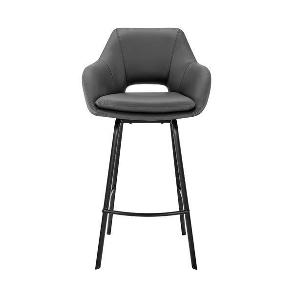 30" Gray on Black Faux Leather Comfy Swivel Bar Stool
