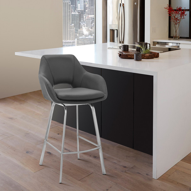 30" Gray on Stainless Faux Leather Comfy Swivel Bar Stool