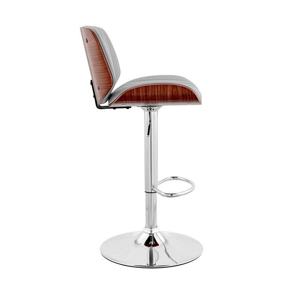 Adjustable Gray Faux Leather Chrome and Walnut Bar Stool