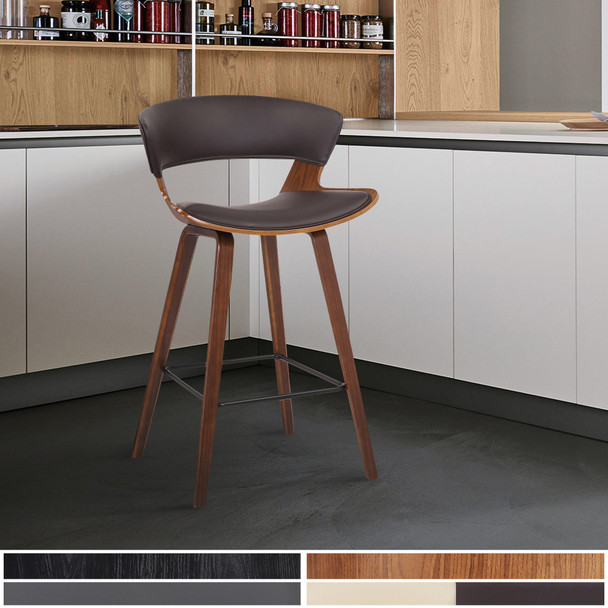 Dark Brown Faux Leather and Wood Modern Bar Stool