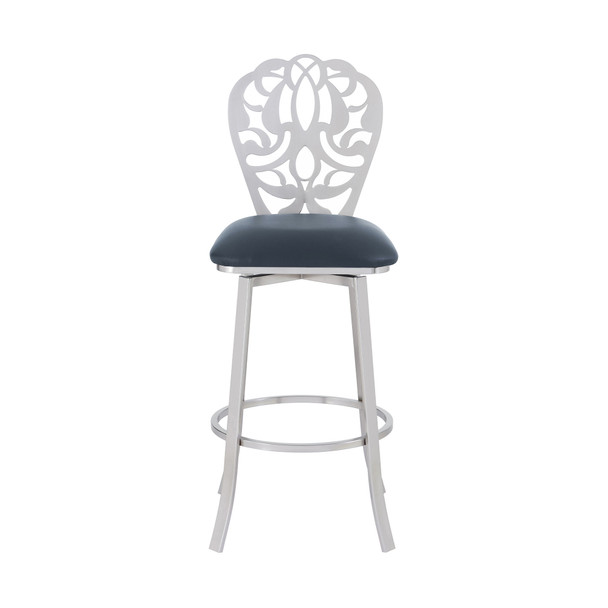 26" Grey Faux Leather Scroll Brushed Stainless Steel Swivel Bar Stool