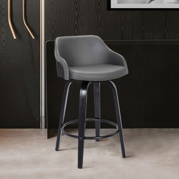 30 Gray Swivel Faux Leather Black Wooden Bar Stool