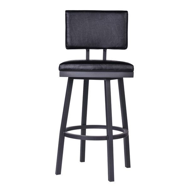 30" Vintage Black on Black Faux Leather Rectangular Swivel Armless Bar Stool