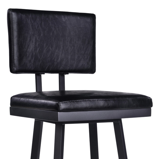 30" Vintage Black on Black Faux Leather Rectangular Swivel Armless Bar Stool