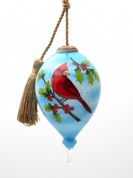 Red Cardinal on Christmas Holly Branches Hand Painted Mouth Blown Glass Ornament