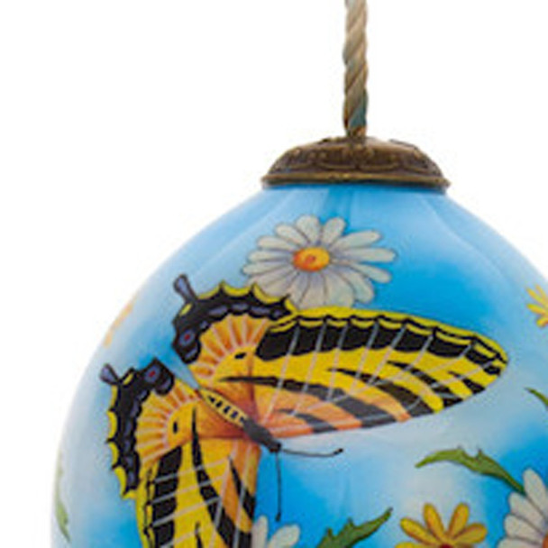 Daisy Delight and Butterflies Hand Painted Mouth Blown Glass Ornament