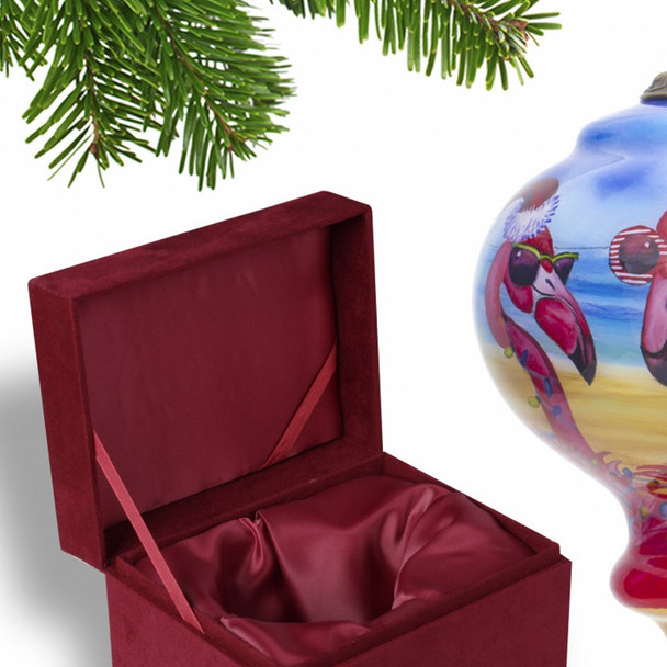 Pink Christmas Flamingos Hand Painted Mouth Blown Glass Ornament