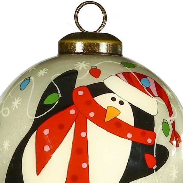 Festive Penguin Hand Painted Mouth Blown Glass Ornament