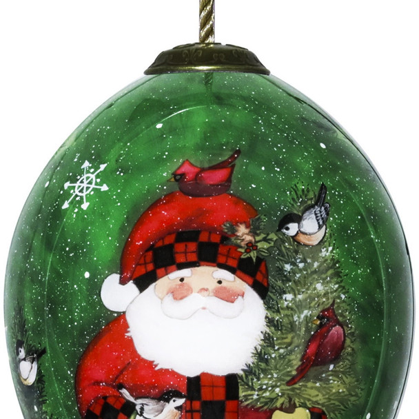 Green Plaid Santa Hand Painted Mouth Blown Glass Ornament