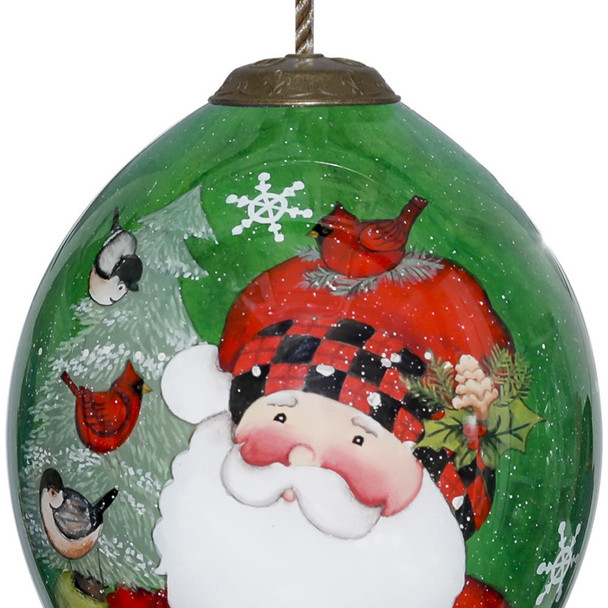 Plaid Santa with Cardinals Hand Painted Mouth Blown Glass Ornament