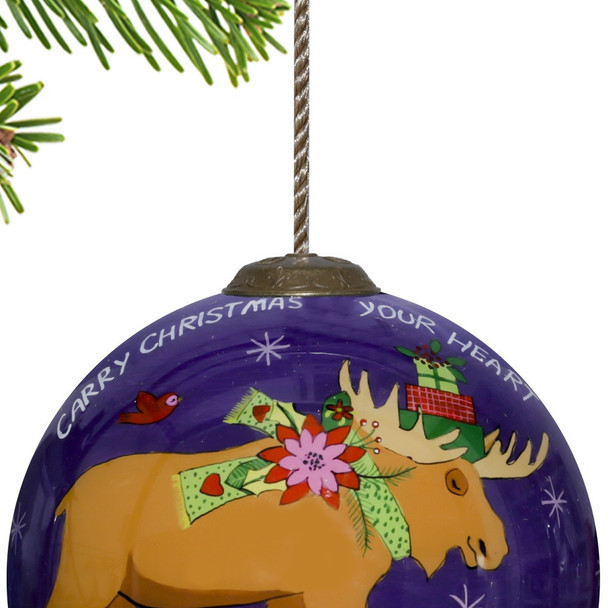 Christmas Moose Walking Hand Painted Mouth Blown Glass Ornament