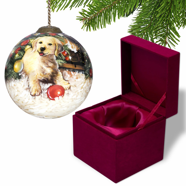 Puppy under the Christmas Tree Hand Painted Mouth Blown Glass Ornament