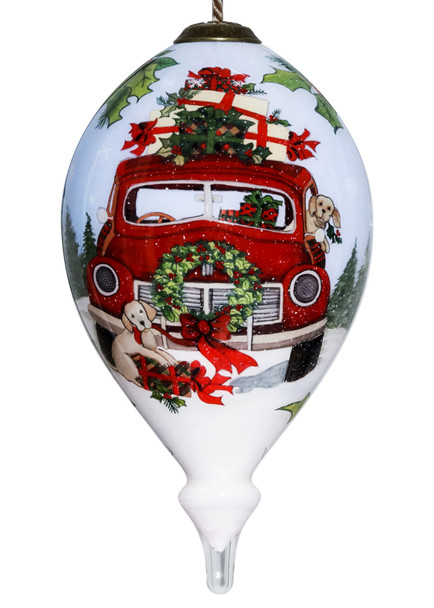 Puppy and Red Truck Christmas Wreath Hand Painted Mouth Blown Glass Ornament