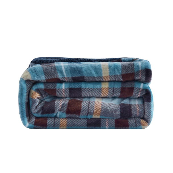 Ambrose Blue Reversible Velvet and Sherpa Throw Blanket