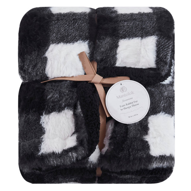 Reversible Buffalo Black and White Faux Rabbit Fur and Sherpa Throw Blanket